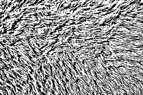 Grunge texture of a fleecy fabric with a long thick pile. Abstract monochrome background. Pile scattered carelessly in different directions. Vector illustration. Overlay template.