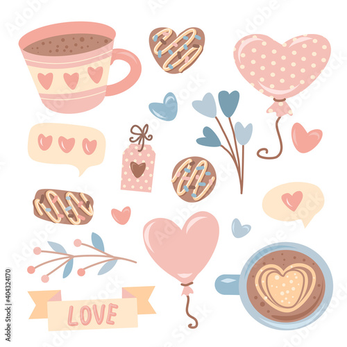 Valentine's day element collection, pastel colors on whine background