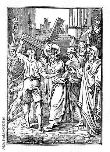2nd or Second Station of the Cross or Way of the Cross or Via Crucis. Jesus carries His cross.Bible,New Testament. Antique vintage biblical religious engraving or drawing.
