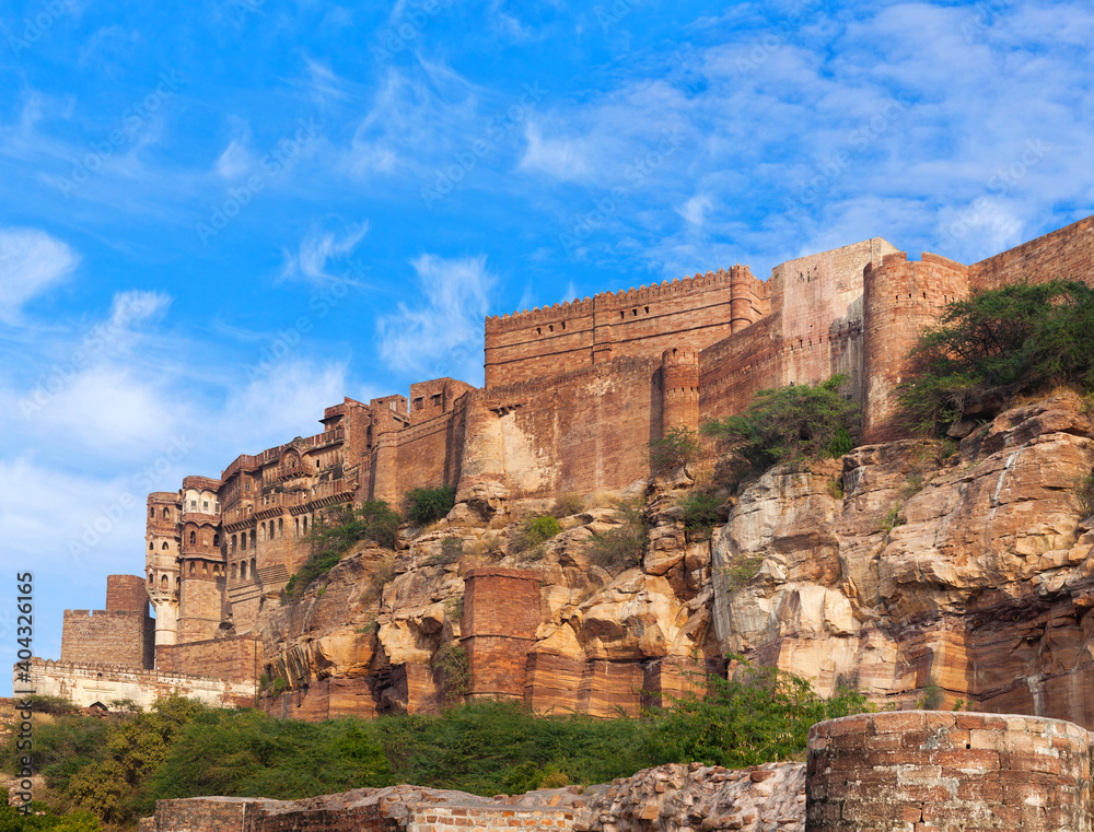 Famous Indian Mehrangarh Fort in Jodhpur, Rajasthan, India. Built in 1459, the fort is situated 125 m above the city