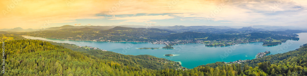 Aerial view of the alpine lake Worthersee, famous tourist attraction for many water activity in Klagenfurt, Carinthia, Austria