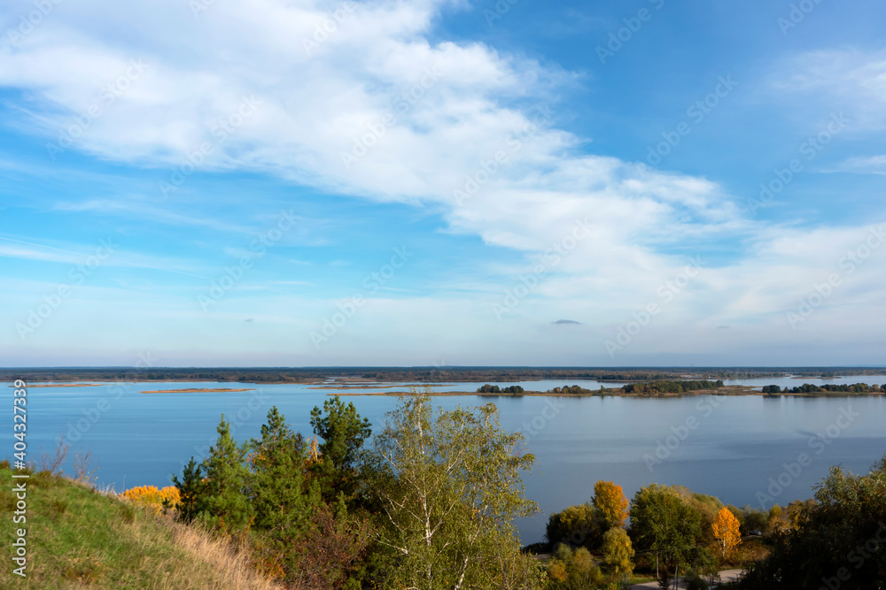 Panorama of Dnieper river near Stayky, Kyiv district, autumn