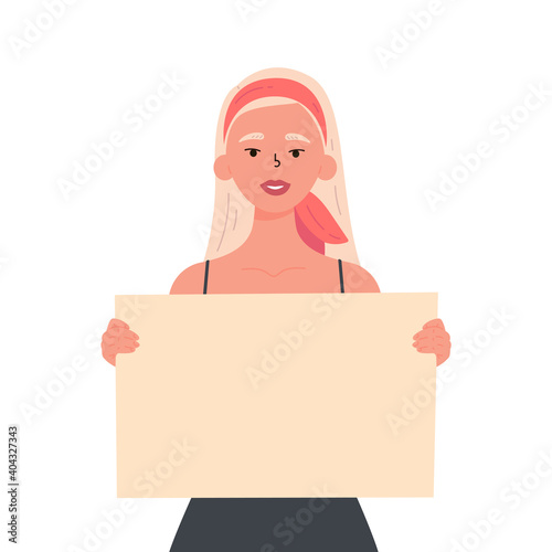 Girl holding a blank poster with place for text. A young woman holds a bullet leaf in her hands. Teenage girl shows a poster. Hand drawn style vector trendy illustration.