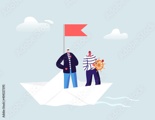 Captain and Sailor in Stripped Vest at Steering Wheel Floating on Paper Boat. Male Ship Crew in Uniform, Maritime Job