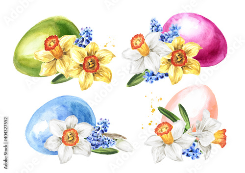Easter colored eggs and spring flowers. Hand drawn watercolor illustration isolated on white background