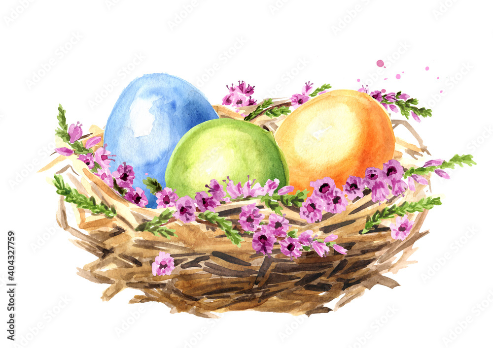 Easter nest with eggs and flowers. Hand drawn watercolor illustration isolated on white background Easter nest with eggs and flowers. Hand drawn watercolor illustration isolated on white background
