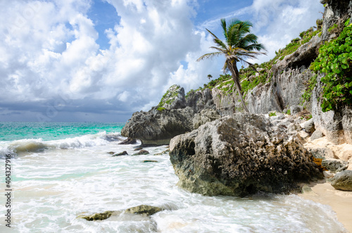 view of tulum tropical beach with palm - tulum, yucatan, mexico