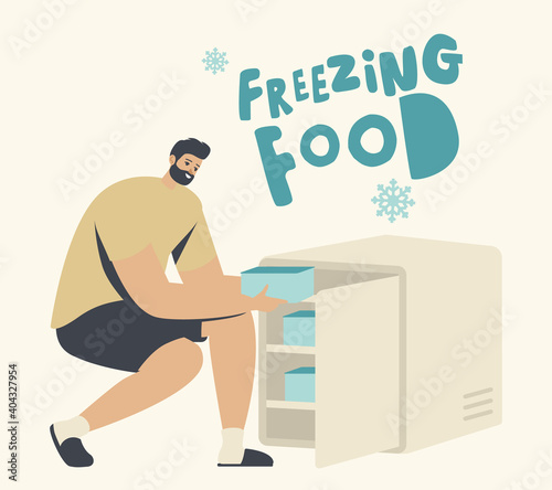 Man Put Plastic Containers with Vegetables or Products into Small Fridge or Freezer. Refrigerator for Freezing Food