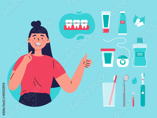 Woman showing her smile with dental braces. Attractive girl with various accessories for daily dental care.Toothbrush, dental floss, mouthwash, braces, chewing gum. Vector cartoon illustration.