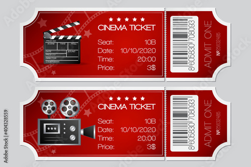 Cinema Red Ticket. Vector isolated illustration on Grey background