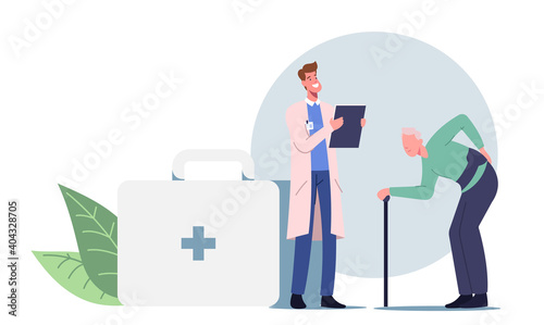 Old Male Character with Walking Cane Visiting Doctor for Sore Back Treatment. Backache and Lumbago Disease Diagnosis