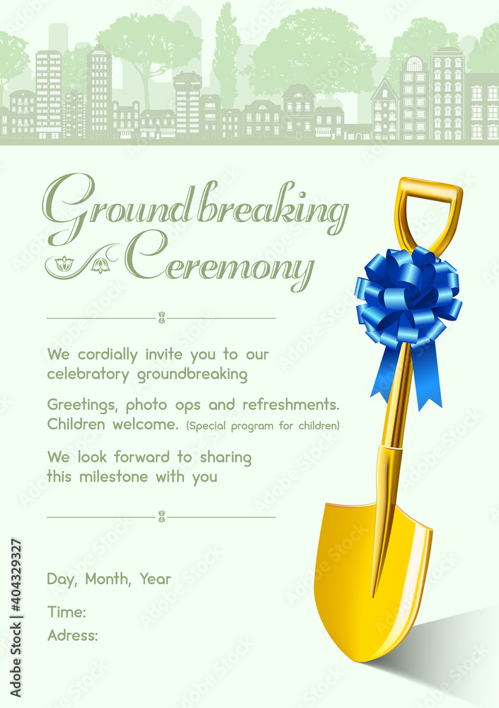 Cordially invitation for groundbreaking ceremony with golden shovel and