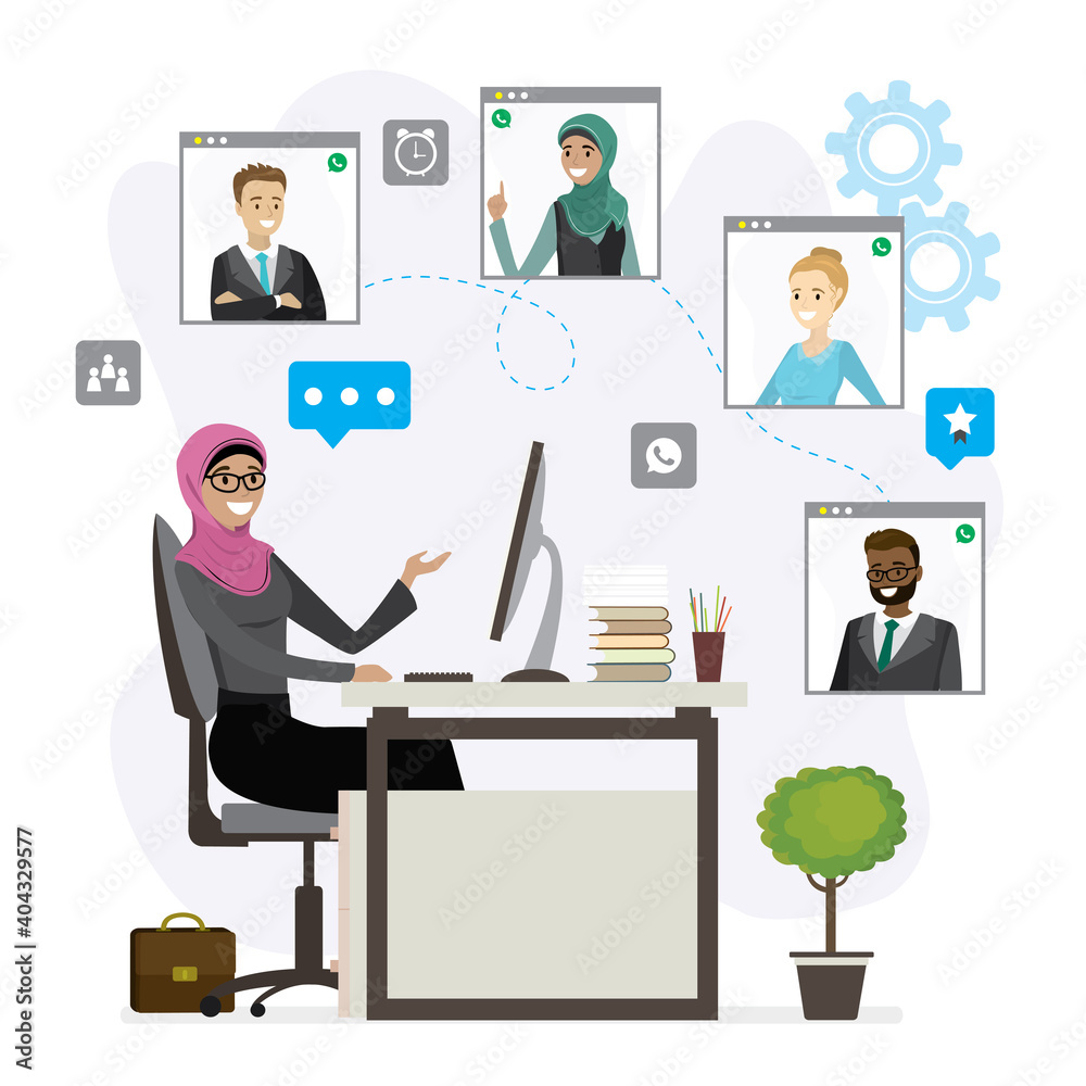 Teamwork, group video conference. Arabic business woman sitting at workplace. Remote negotiations, video call. Technology of online chat.