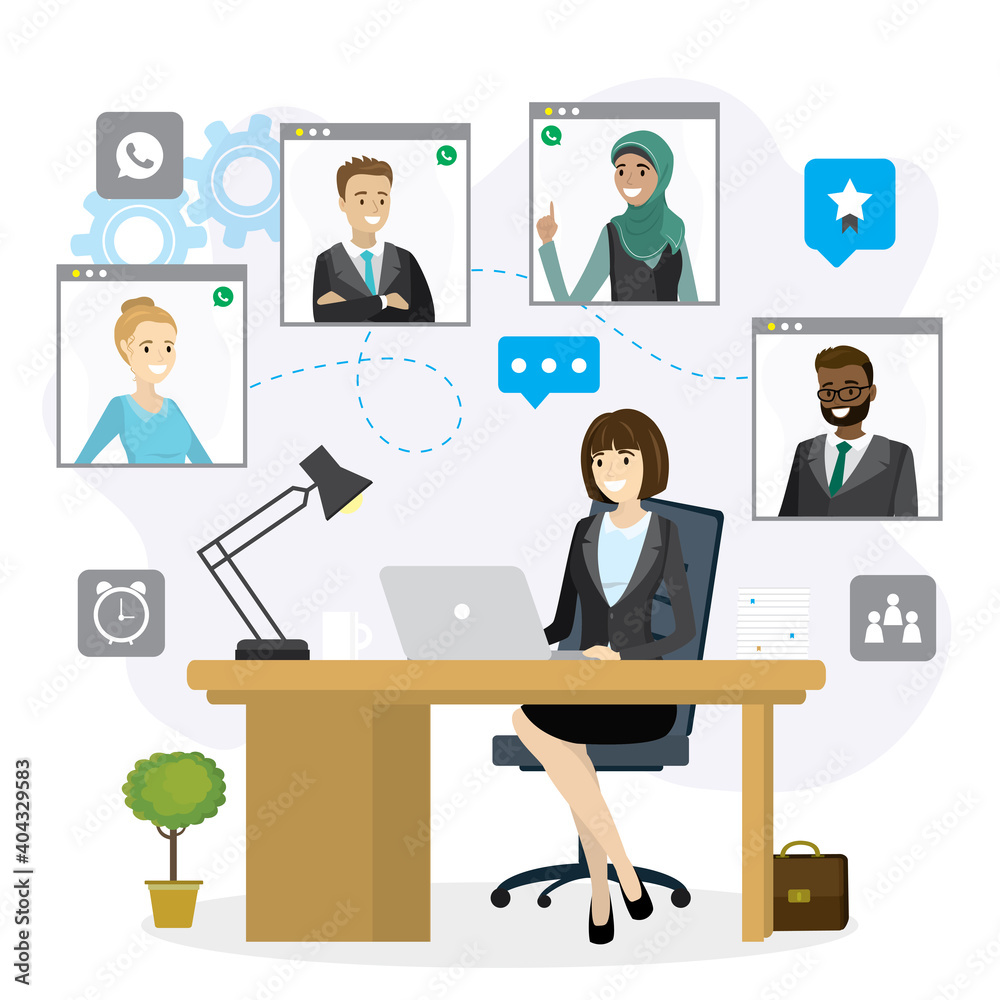 Teamwork, group video conference. Cartoon business woman sitting at workplace. Remote negotiations, video call.