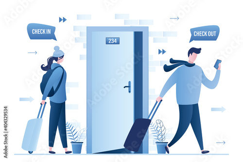 Male tourist leaves apartment, check out. Woman traveler check-in at hotel room. Cute travelers with suitcases. Travel concept