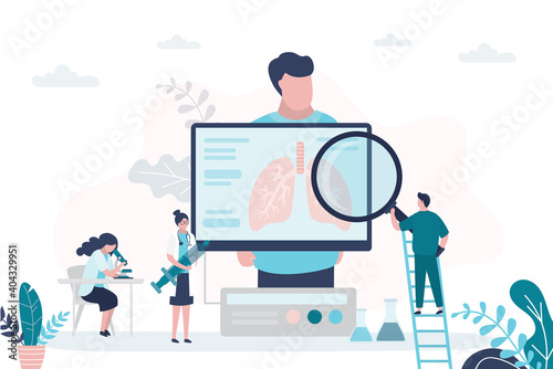 Male patient, pulmonologists check condition, treat lungs. Doctors with magnifying glass and syringe. Technology of analysis respiratory organ.