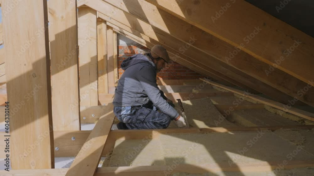 Construction work. Installation of insulation using. Construction work. Installation of insulation using.
