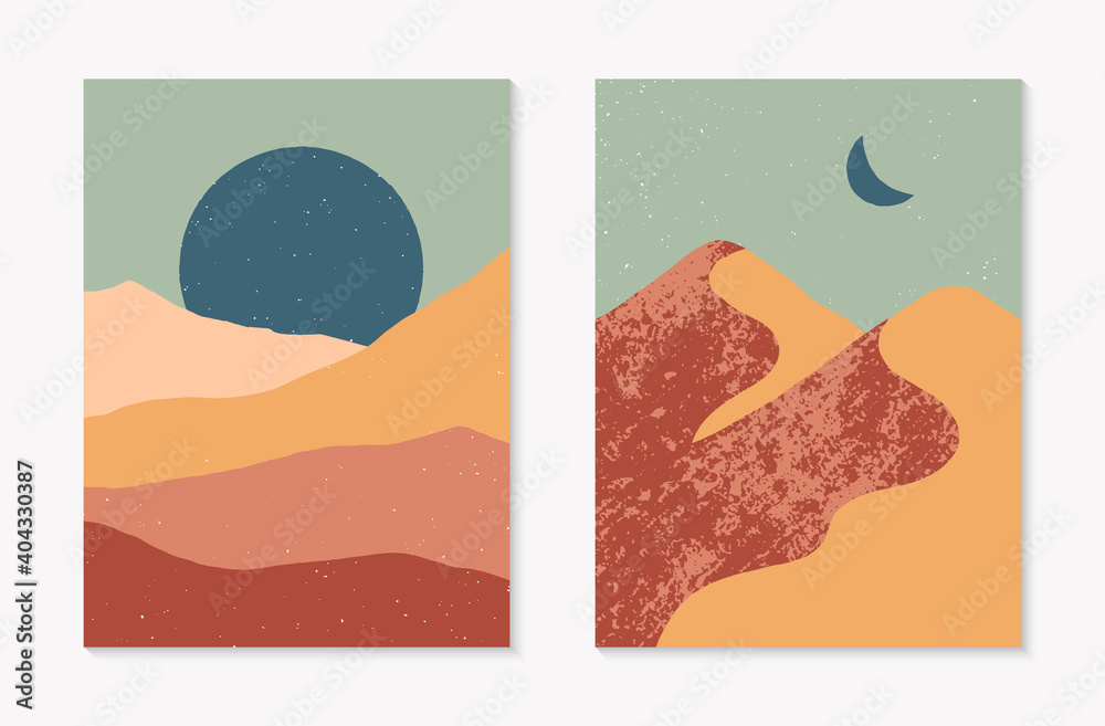 Set of creative abstract mountain landscape backgrounds.Mid century modern vector illustrations with  mountains or desert dunes;sky,sun or moon.Trendy contemporary design.Futuristic wall art decor.