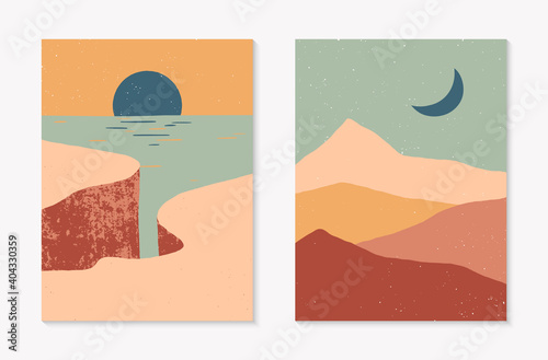 Set of creative abstract rocky mountain landscape backgrounds.Mid century modern vector illustrations with cliffed coast,sand dunes,sky and sun.Trendy contemporary design.Futuristic wall art decor