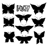 Abstract black and white isolated vector illustration design of set of silhouettes of butterflies