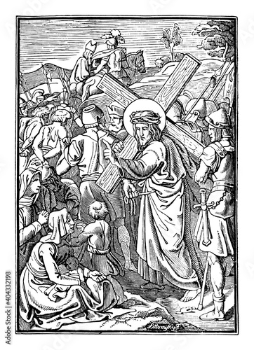 8th or eighth Station of the Cross or Way of the Cross or Via Crucis. Jesus meets the women of Jerusalem.Bible,New Testament. Antique vintage biblical religious engraving or drawing.