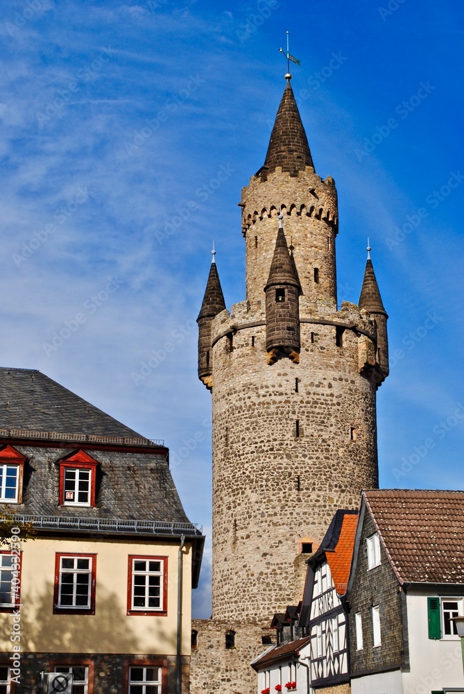 Naklejka premium Adolfsturm (Adolf Tower) survives as part of the larger castle (Burg) Friedberg. The tower is called a butter churn or churn tower (Butterfassturm) Friedberg in der Wetterau, Hesse, Germany 