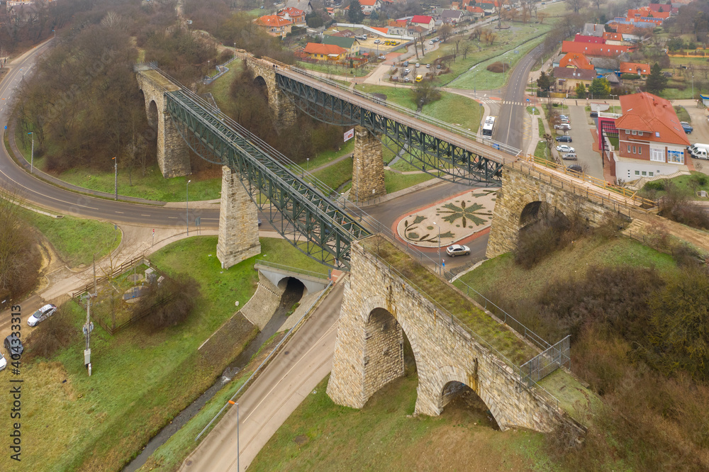 Biatorbágy, Hungary - Aerial view of the famous Viaduct of Biatorbágy on a foggy winter day. Biatorbágy, Hungary - Aerial view of the famous Viaduct of Biatorbágy on a foggy winter day.