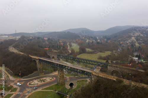 Biatorbágy, Hungary - Aerial view of the famous Viaduct of Biatorbágy on a foggy winter day.