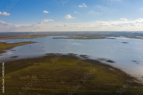 Aerial view of beautiful sodic lakes at Kiskunság National Park, Fülöpszállás Hungary. Hungarian name is Kelemen-szék. This area is the second largest saline steppe of the Hungarian Great Plain.