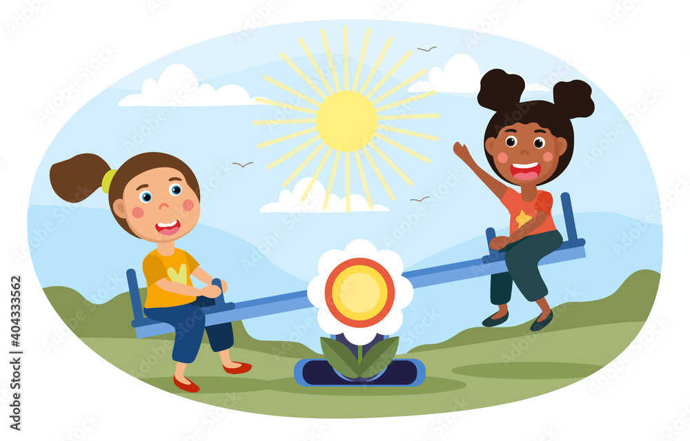 Two young girls playing on a see-saw outdoors in a playground on a sunny summer day, colored vector illustration