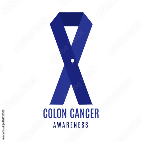 Colon cancer awareness poster with a blue ribbon and a needle pin on white background. Medical concept. Vector illustration.