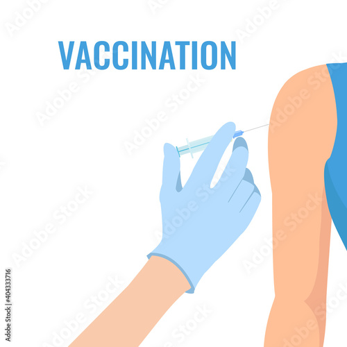 Doctor holding a syringe with coronavirus vaccine. Medical shot for covid-19, rabies, polio, measles, tetanus. Vaccination and immunization concept. Vector illustration.