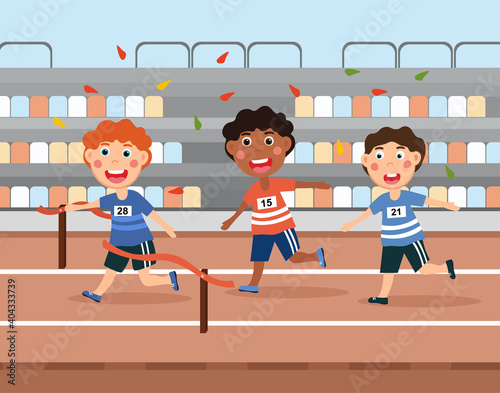 Three young diverse multiracial boys competing in a running race at a sports stadium with one crossing the line as the winner, colored cartoon vector illustration