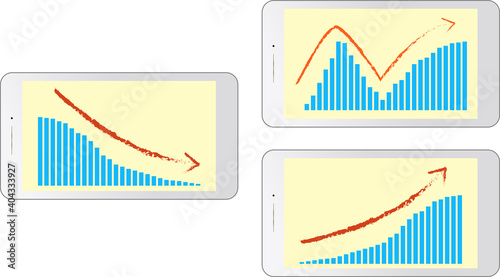 スマホと下降・上昇・v字回復の棒グラフ