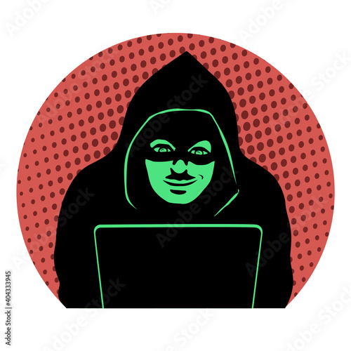 Male hacker at a laptop. Black silhouette with a closed face. Cyber attack. Vector illustration pop art.