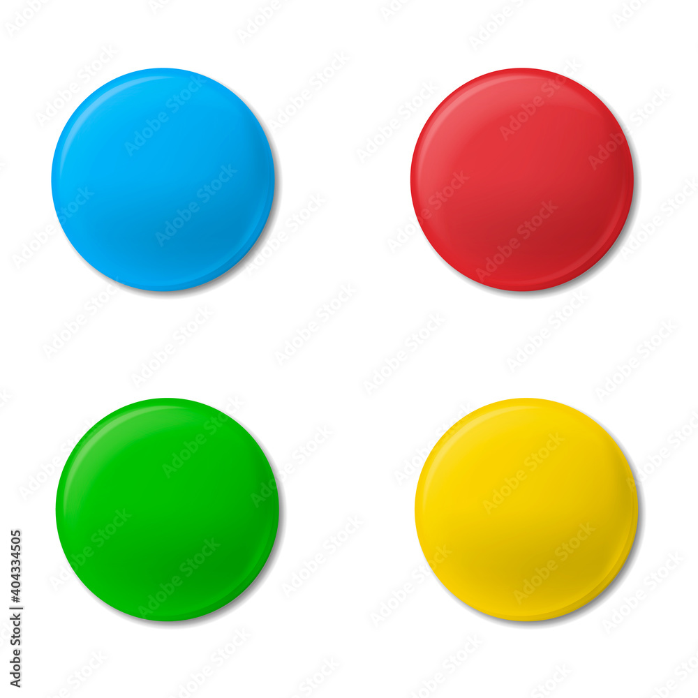 Set of colorful glossy blank round magnet buttons or icons with shadows realistic vector isolated on white background.