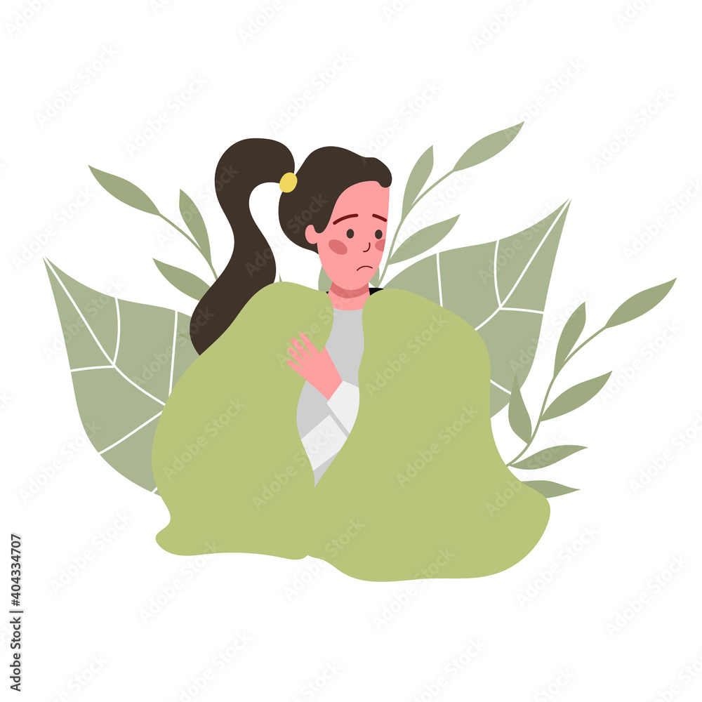 the girl is sitting wrapped in a warm blanket, feeling unwell, ill. girl on the background of abstract leaves the girl is sitting wrapped in a warm blanket, feeling unwell, ill. girl on the background of abstract leaves