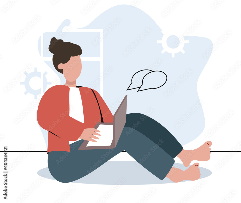 Vector girl chatting while sitting on the floor with a laptop