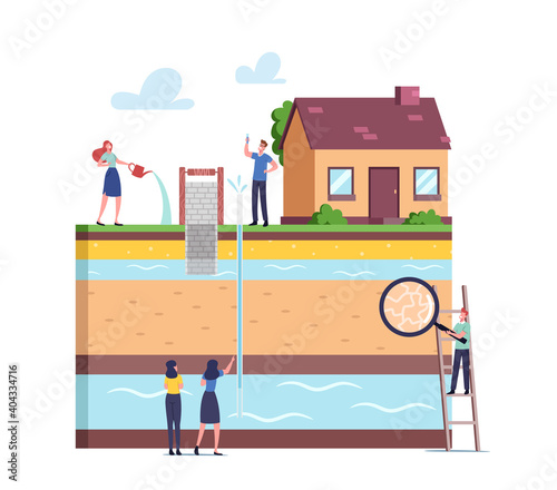 Groundwater or Artesian Water Extraction Concept. Characters with Magnifying Glass Presenting Well Drilling Diagram