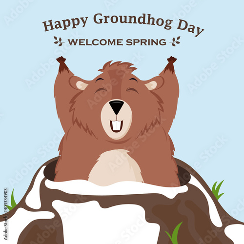 Happy Groundhog Day. Design with a cute groundhog character that pops out of a hole. Vector illustration.