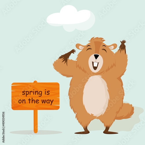 Happy Groundhog Day. Happy groundhog rejoices in spring. Isolated vector illustration.