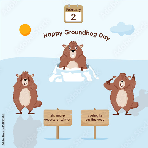 Happy Groundhog Day. Diagram with illustrations of cute and funny Groundhogs. Vector illustration.