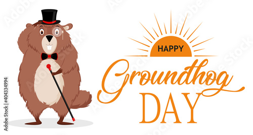 Wallpaper Mural Happy Groundhog Day. Banner with the image of a funny elegant groundhog with a suit. Vector illustration isolated on a white background. Torontodigital.ca