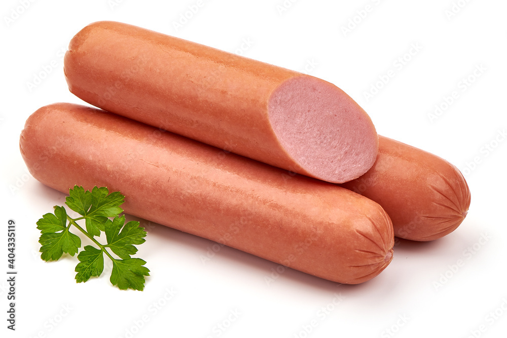 Boiled pork sausages, isolated on white background Boiled pork sausages, isolated on white background