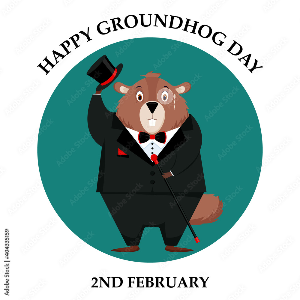 Happy Groundhog Day. Illustration of a sticker depicting an elegant groundhog in a tuxedo, top hat and tie. Vector illustration. Happy Groundhog Day. Illustration of a sticker depicting an elegant groundhog in a tuxedo, top hat and tie. Vector illustration.