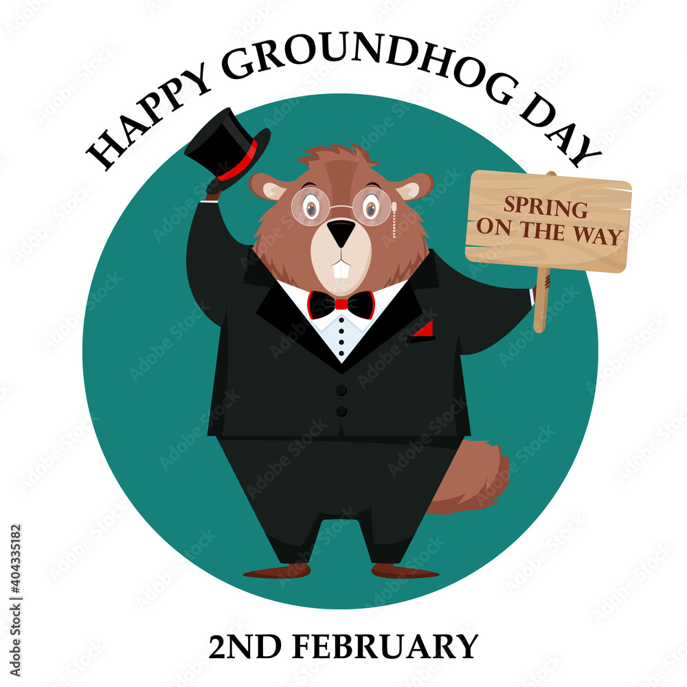 Happy Groundhog Day. Illustration of a sticker depicting an elegant groundhog in a top hat and tie. Isolated vector illustration. Happy Groundhog Day. Illustration of a sticker depicting an elegant groundhog in a top hat and tie. Isolated vector illustration.