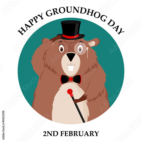 Happy Groundhog Day. Illustration of a sticker depicting an elegant groundhog in a top hat and tie. Isolated vector illustration.