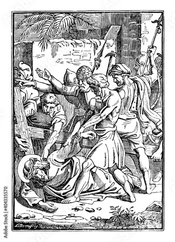 9th or ninth Station of the Cross or Way of the Cross or Via Crucis. Jesus falls for third time.Bible,New Testament. Antique vintage biblical religious engraving or drawing.