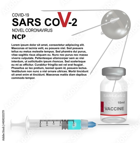 3d realistic bottle and syringe for poster and banners with satellite silhouette. A vaccine against the coronavirus COVID-19. Close-up isolated on a white background.