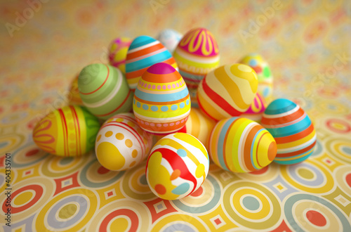 Colorful handmade easter eggs. Realistic 3d rendering with the effect low depth of field